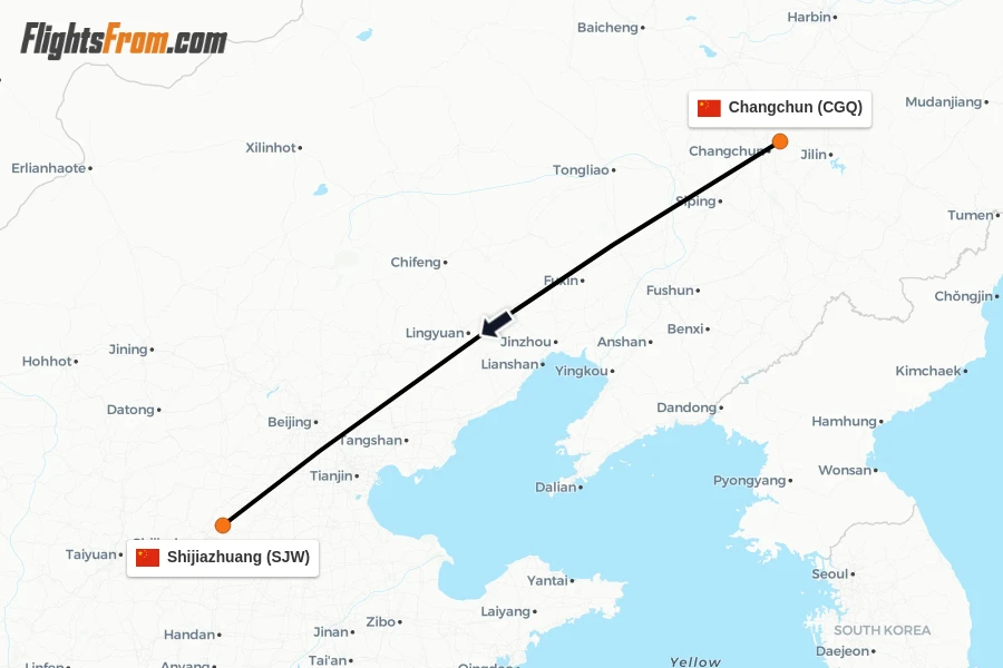 Flights from Changchun to Shijiazhuang route map