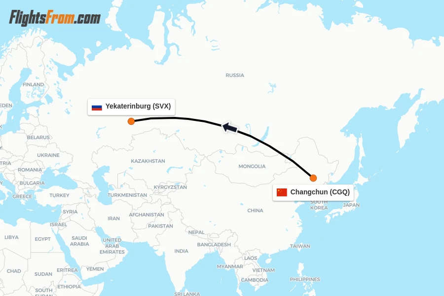 Flights from Changchun to Yekaterinburg route map