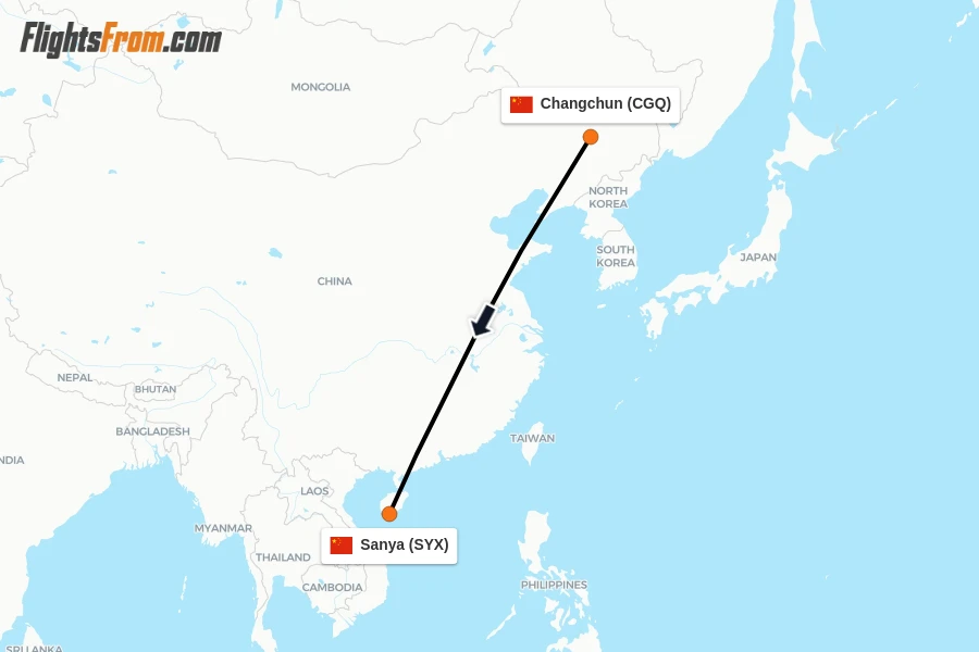 Flights from Changchun to Sanya route map