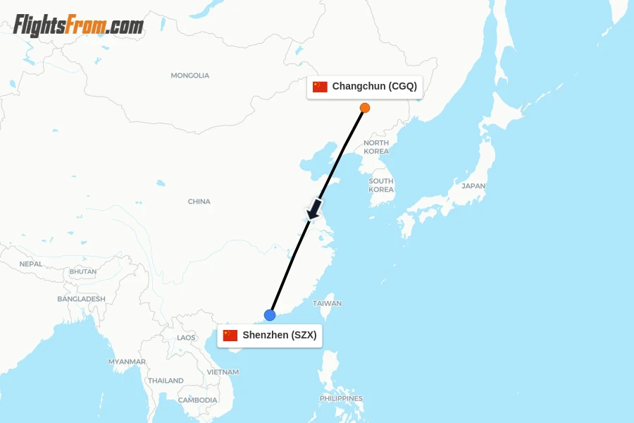 Flights from Changchun to Shenzhen route map