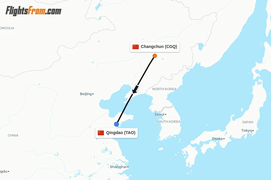 Flights from Changchun to Qingdao route map