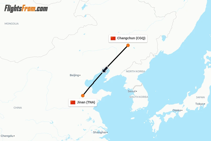 Flights from Changchun to Jinan route map