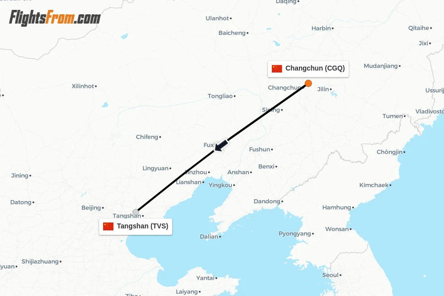 Flights from Changchun to Tangshan route map