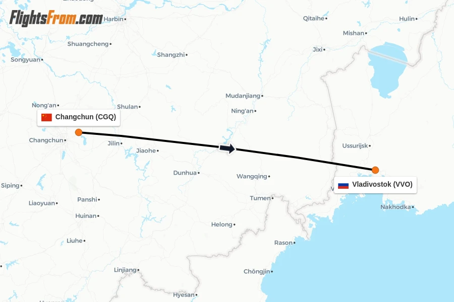 Flights from Changchun to Vladivostok route map
