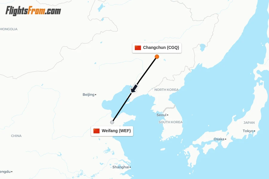 Flights from Changchun to Weifang route map