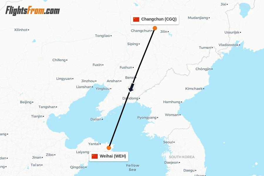 Flights from Changchun to Weihai route map