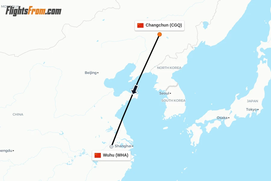 Flights from Changchun to Wuhu route map