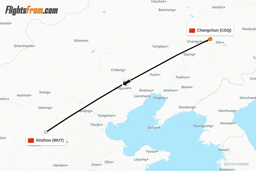 Flights from Changchun to Xinzhou route map