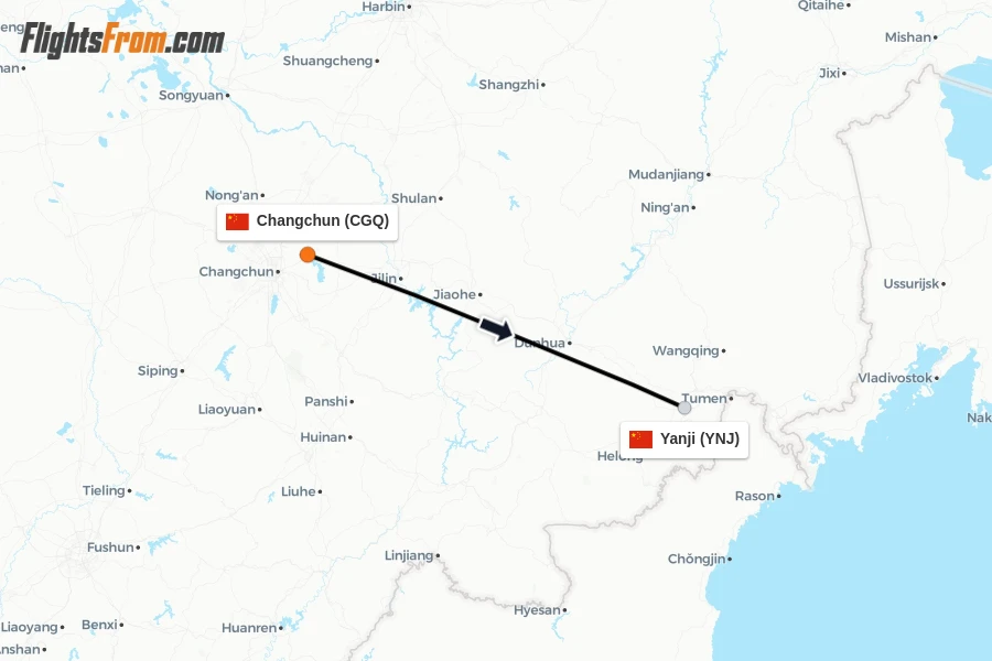 Flights from Changchun to Yanji route map