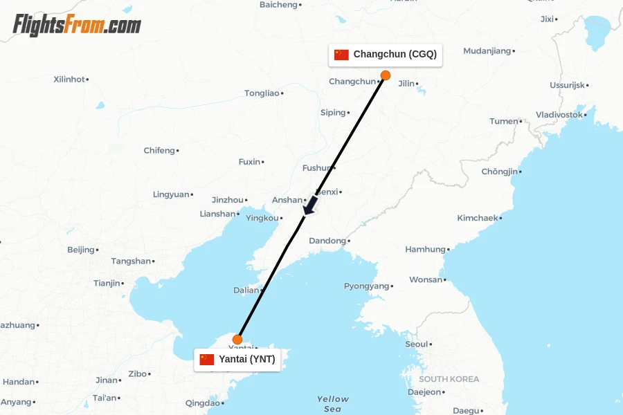 Flights from Changchun to Yantai route map