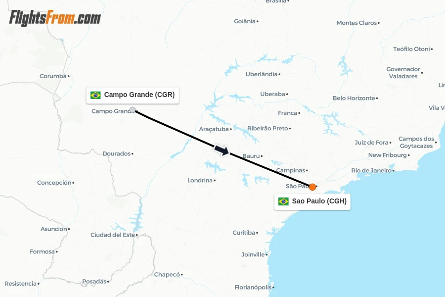 Flights from Campo Grande to Sao Paulo route map