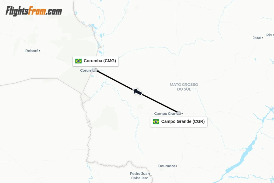 Flights from Campo Grande to Corumba route map