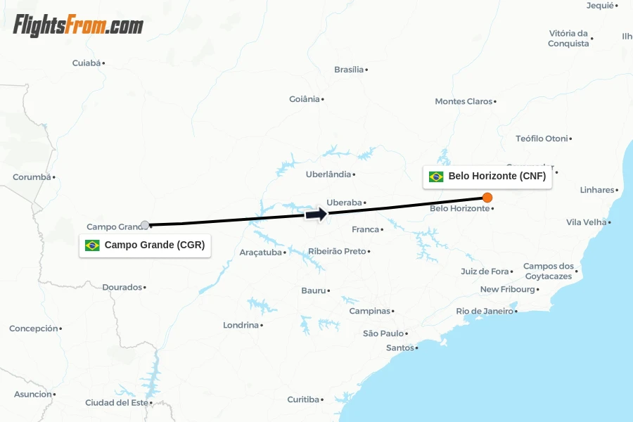 Flights from Campo Grande to Belo Horizonte route map