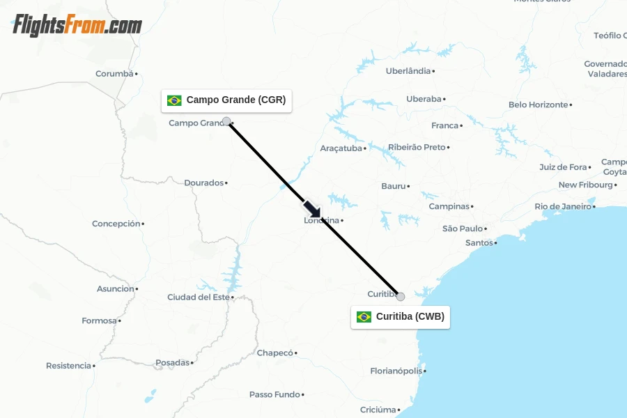 Flights from Campo Grande to Curitiba route map
