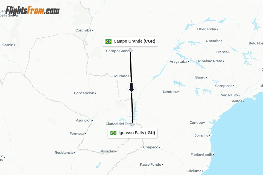 Flights from Campo Grande to Iguassu Falls route map