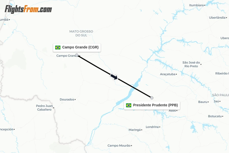 Flights from Campo Grande to Presidente Prudente route map