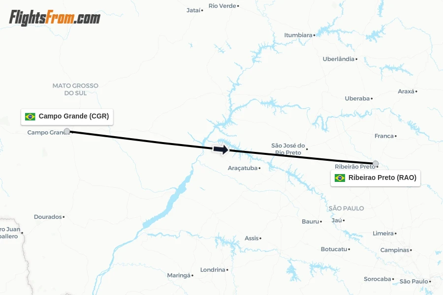 Flights from Campo Grande to Ribeirao Preto route map