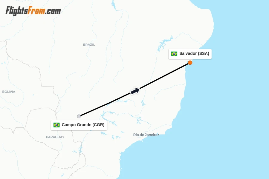 Flights from Campo Grande to Salvador route map