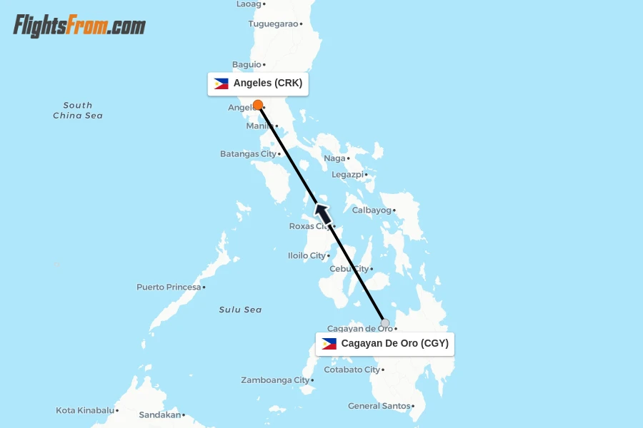 Flights from Cagayan De Oro to Angeles route map