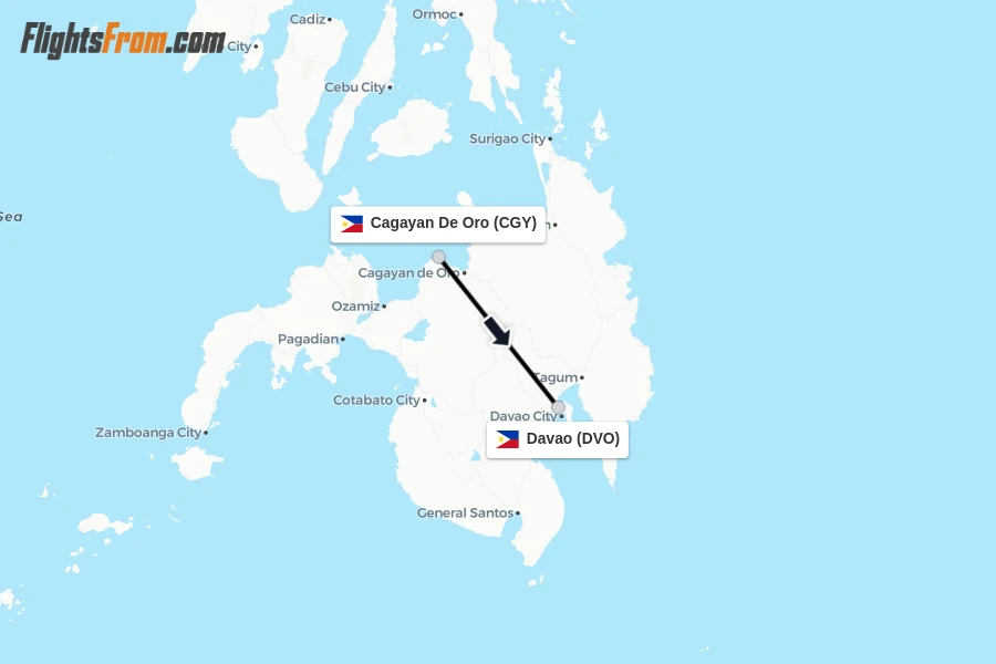 Flights from Cagayan De Oro to Davao route map