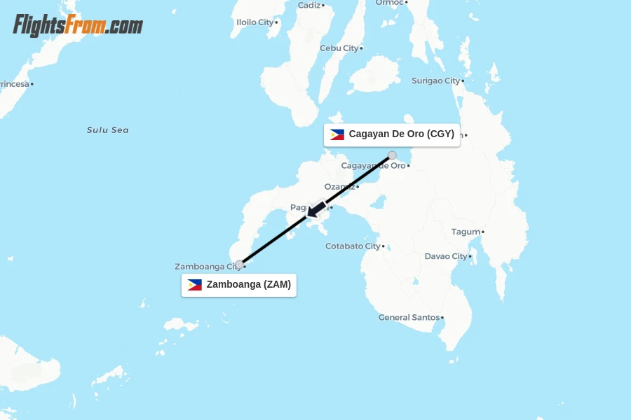Flights from Cagayan De Oro to Zamboanga route map
