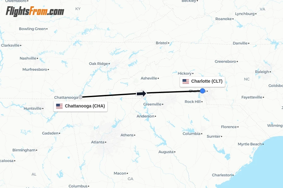 Flights from Chattanooga to Charlotte route map