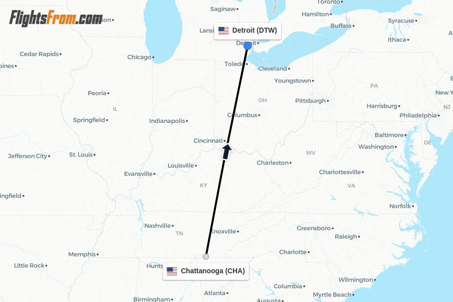 Flights from Chattanooga to Detroit route map