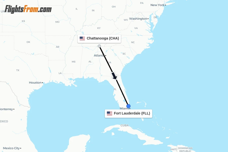 Flights from Chattanooga to Fort Lauderdale route map