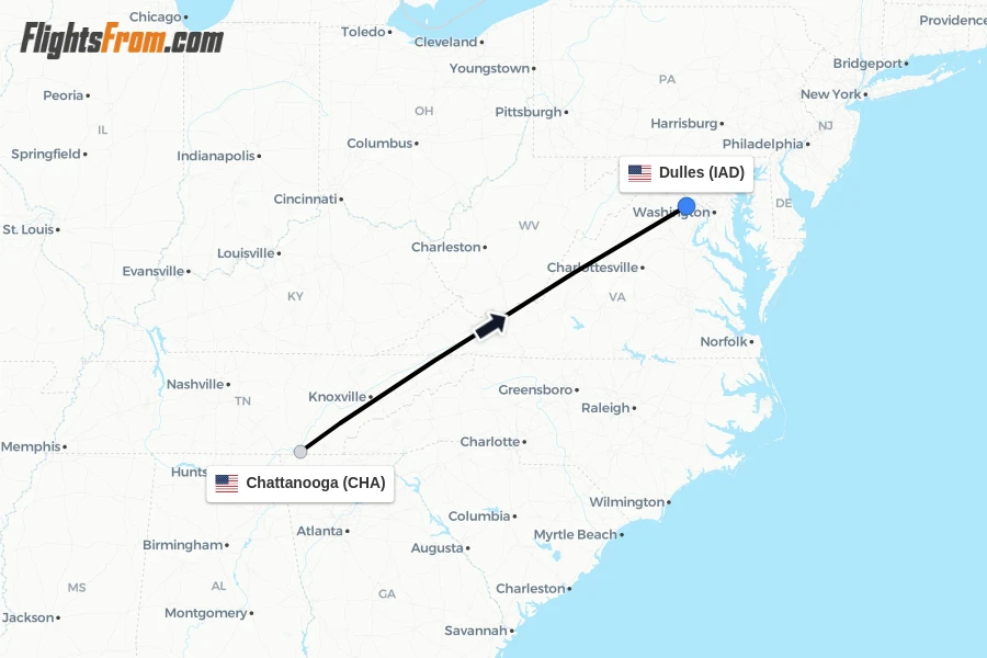 Flights from Chattanooga to Dulles route map