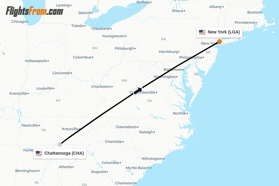 Flights from Chattanooga to New York route map