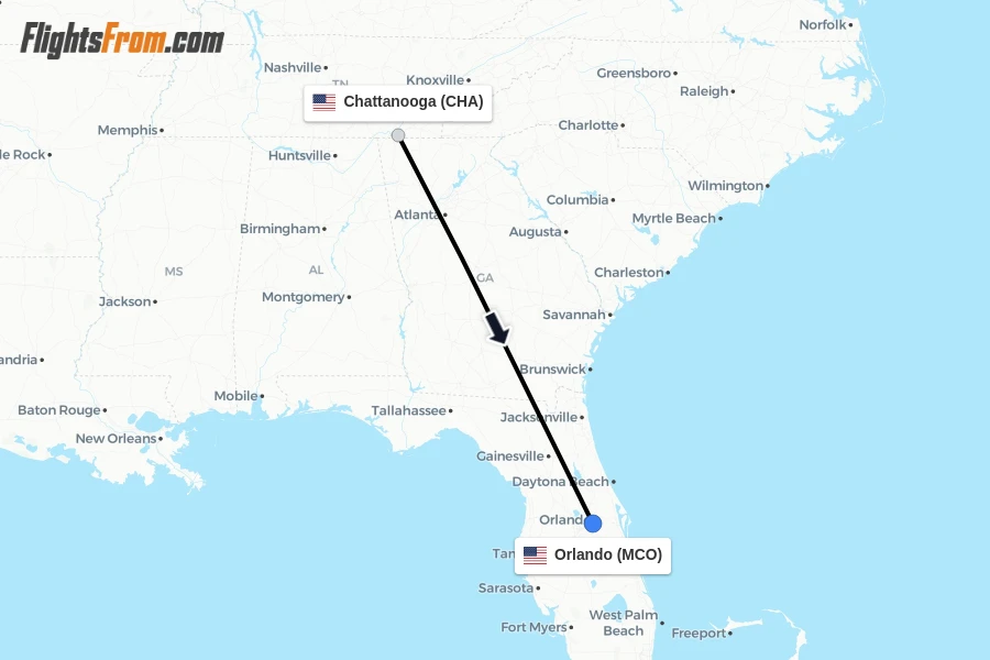 Flights from Chattanooga to Orlando route map