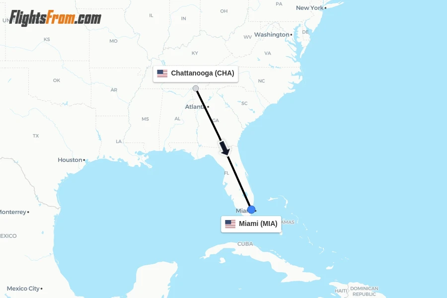 Flights from Chattanooga to Miami route map