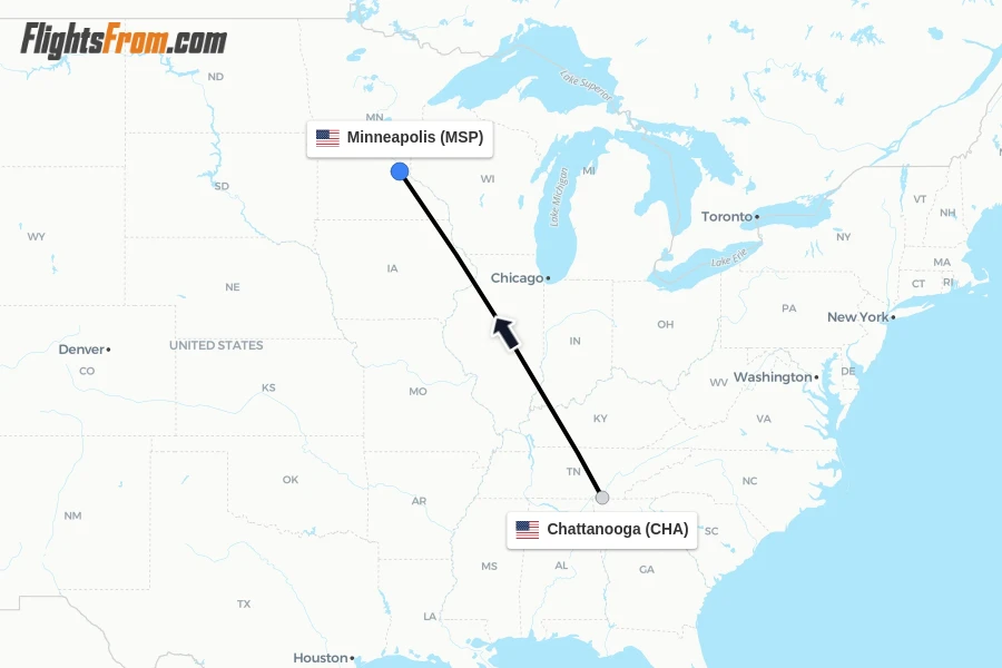 Flights from Chattanooga to Minneapolis route map