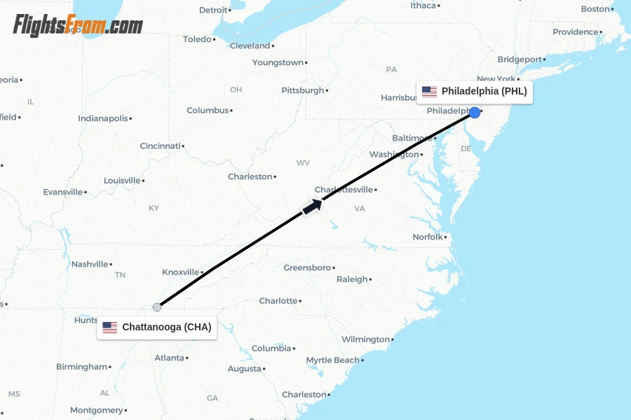 Flights from Chattanooga to Philadelphia route map
