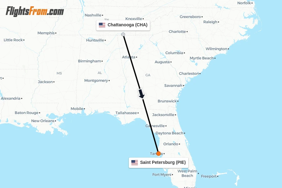Flights from Chattanooga to Saint Petersburg route map