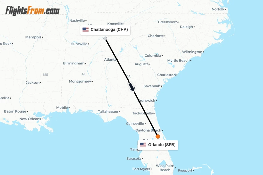 Flights from Chattanooga to Orlando route map