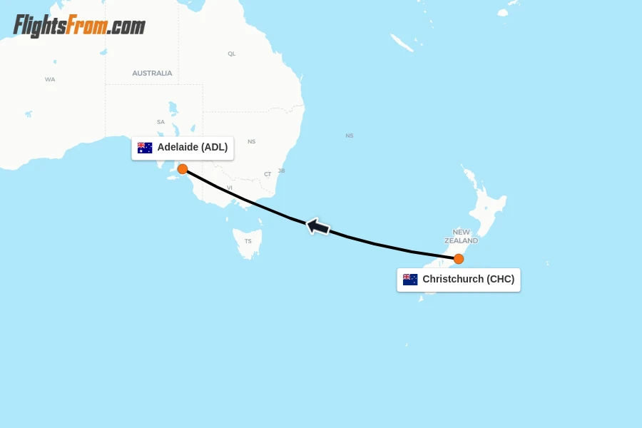 Flights from Christchurch to Adelaide route map