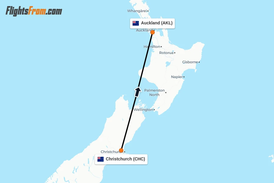 Flights from Christchurch to Auckland route map