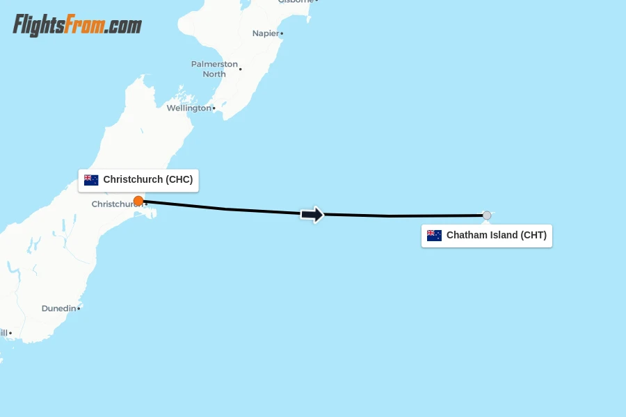 Flights from Christchurch to Chatham Island route map