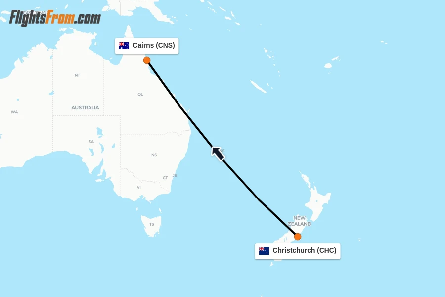 Flights from Christchurch to Cairns route map