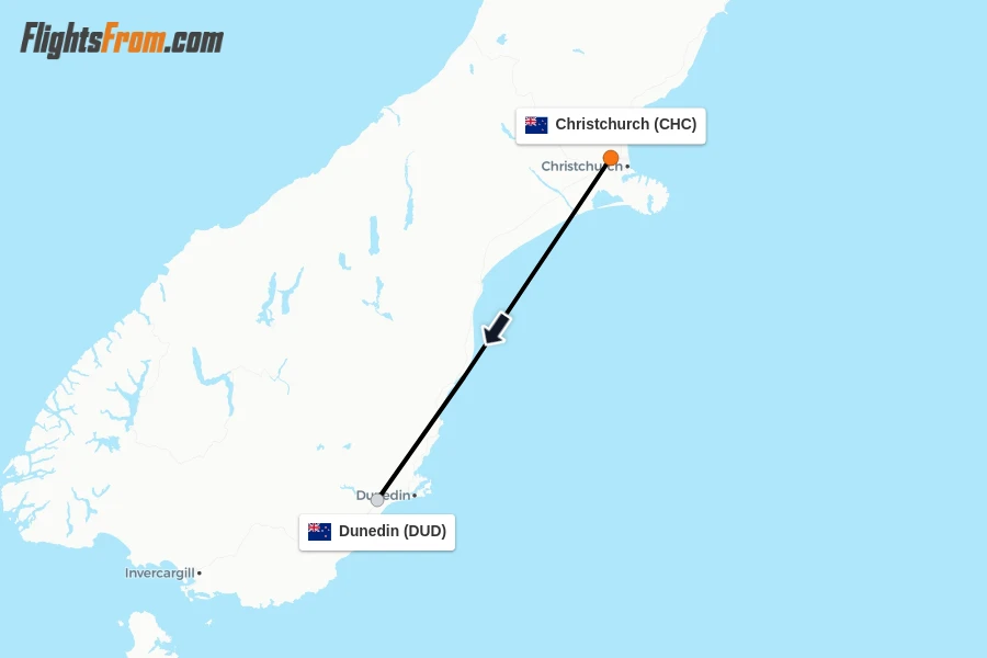 Flights from Christchurch to Dunedin route map
