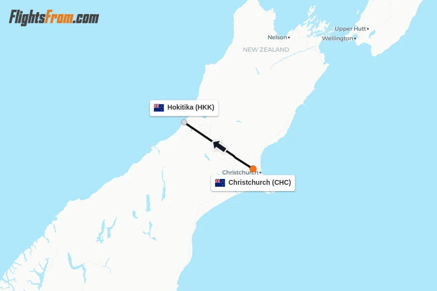 Flights from Christchurch to Hokitika route map