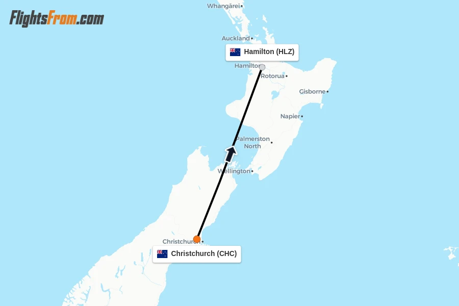 Flights from Christchurch to Hamilton route map
