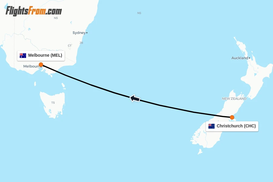 Flights from Christchurch to Melbourne route map