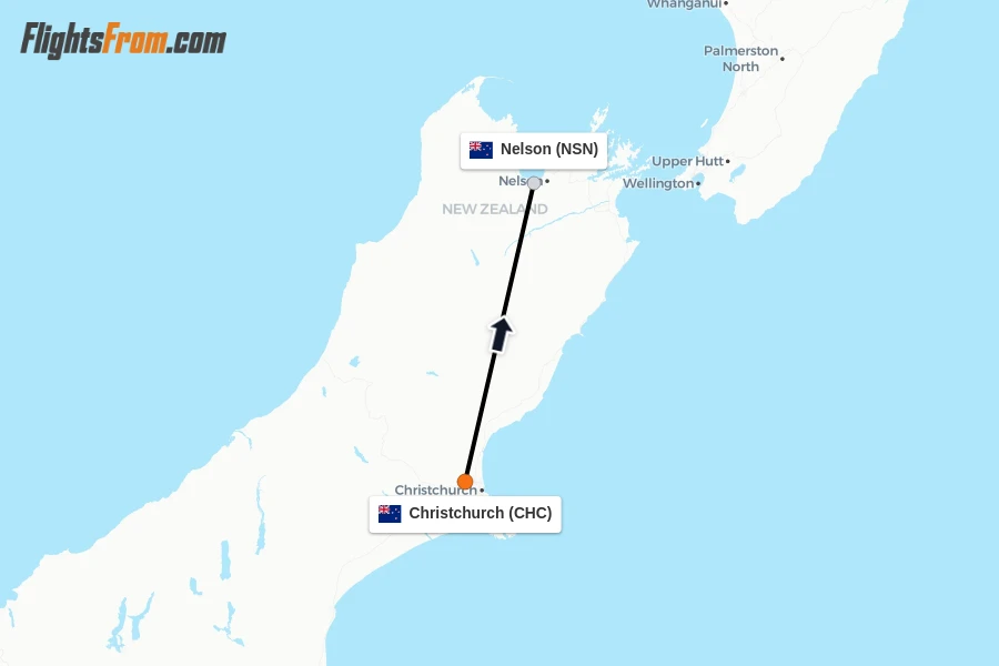 Flights from Christchurch to Nelson route map
