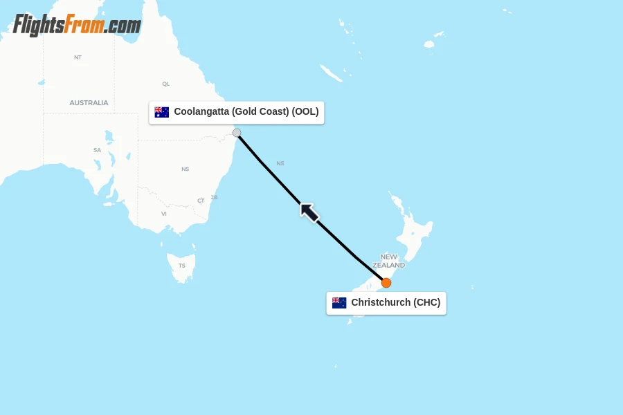 Flights from Christchurch to Coolangatta (Gold Coast) route map