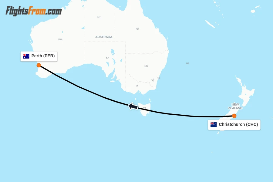 Flights from Christchurch to Perth route map
