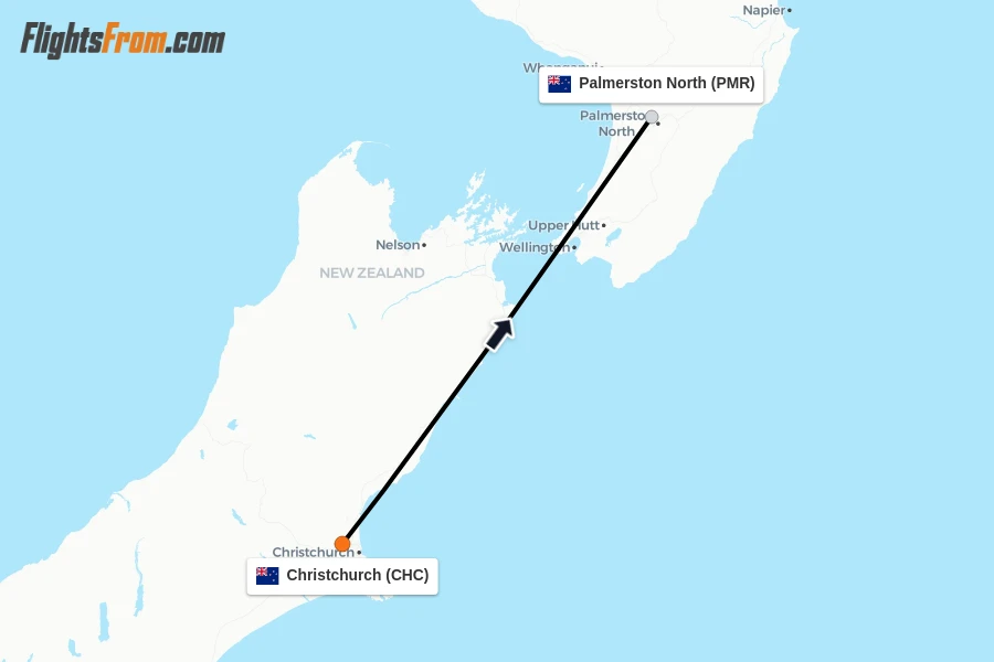 Flights from Christchurch to Palmerston North route map