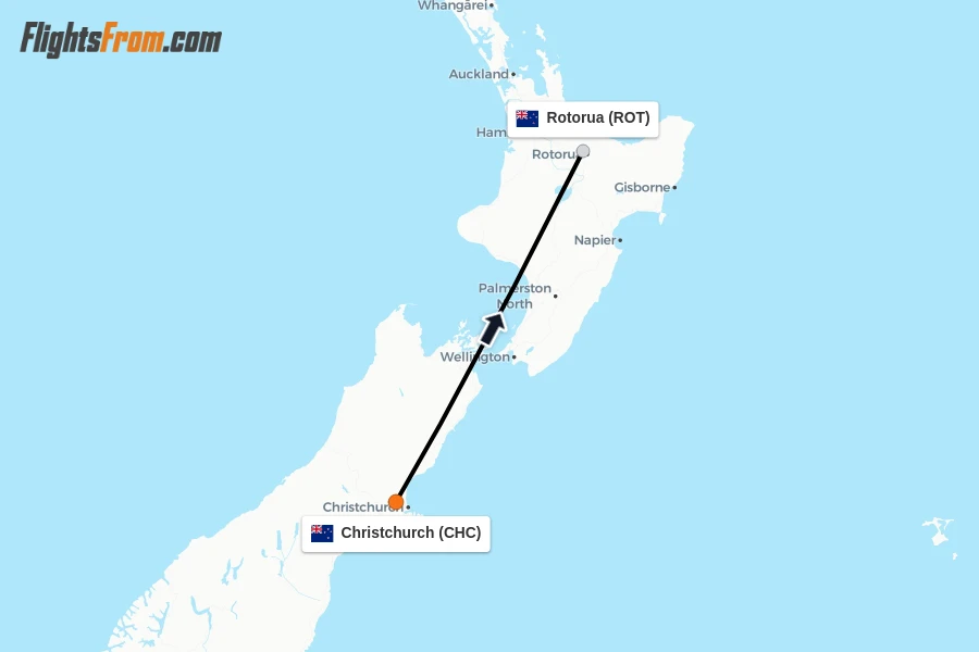 Flights from Christchurch to Rotorua route map