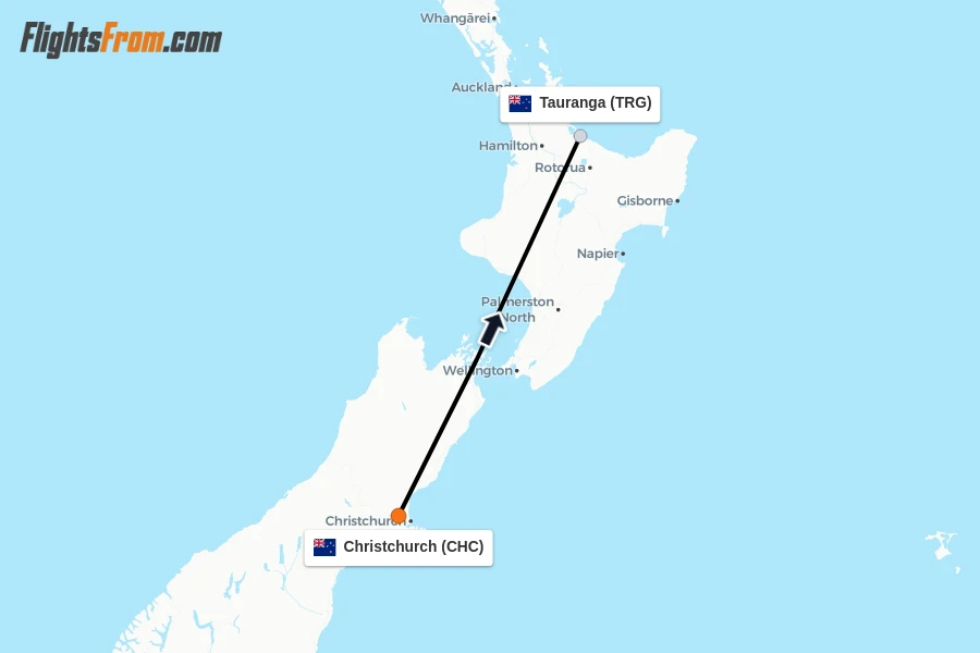 Flights from Christchurch to Tauranga route map